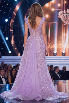 Glitzerndes Flieder V-Ausschnitt mit Rüschen und Pailletten Langes Pageant-Kleid mit Schlitz