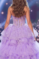 Laden Sie das Bild in den Galerie-Viewer, Glitzerndes Flieder Sweetheart Transparentes Korsett Pailletten Langes Pageant-Kleid mit Schärpe