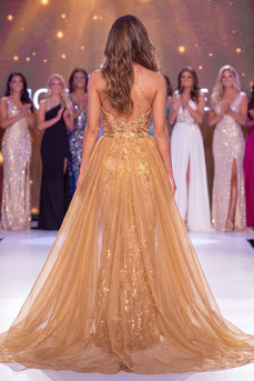 Glitzerndes Goldenes Neckholderhals Meerjungfrauen Pailletten Langes Pageant-Kleid mit Schärpe