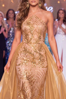 Laden Sie das Bild in den Galerie-Viewer, Glitzerndes Goldenes Neckholderhals Meerjungfrauen Pailletten Langes Pageant-Kleid mit Schärpe