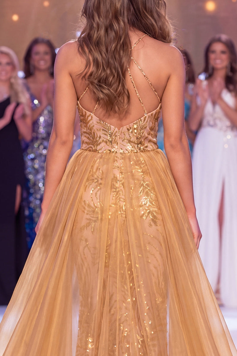 Laden Sie das Bild in den Galerie-Viewer, Glitzerndes Goldenes Neckholderhals Meerjungfrauen Pailletten Langes Pageant-Kleid mit Schärpe