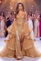 Laden Sie das Bild in den Galerie-Viewer, Glitzerndes goldenes, transparentes Korsett Meerjungfrauen-Pailletten Langes Pageant-Kleid mit Schlitz