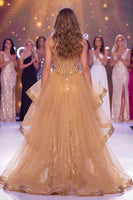 Laden Sie das Bild in den Galerie-Viewer, Glitzerndes goldenes, transparentes Korsett Meerjungfrauen-Pailletten Langes Pageant-Kleid mit Schlitz