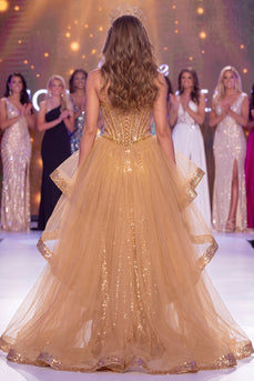 Glitzerndes goldenes, transparentes Korsett Meerjungfrauen-Pailletten Langes Pageant-Kleid mit Schlitz