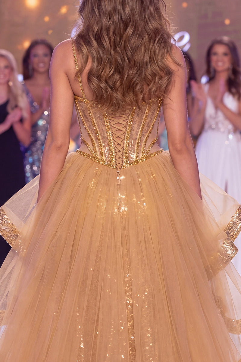 Laden Sie das Bild in den Galerie-Viewer, Glitzerndes goldenes, transparentes Korsett Meerjungfrauen-Pailletten Langes Pageant-Kleid mit Schlitz