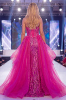 Laden Sie das Bild in den Galerie-Viewer, Glitzerndes Fuchsia Sweetheart Transparentes Korsett Meerjungfrauen Pailletten lLanges Pageant-Kleid mit Schärpe