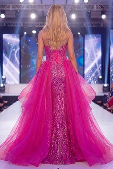 Glitzerndes Fuchsia Sweetheart Transparentes Korsett Meerjungfrauen Pailletten lLanges Pageant-Kleid mit Schärpe
