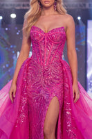 Laden Sie das Bild in den Galerie-Viewer, Glitzerndes Fuchsia Sweetheart Transparentes Korsett Meerjungfrauen Pailletten lLanges Pageant-Kleid mit Schärpe