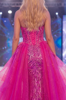 Laden Sie das Bild in den Galerie-Viewer, Glitzerndes Fuchsia Sweetheart Transparentes Korsett Meerjungfrauen Pailletten lLanges Pageant-Kleid mit Schärpe