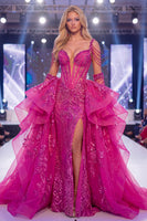 Laden Sie das Bild in den Galerie-Viewer, Glitzerndes Fuchsia Kaltschulter Korsett Meerjungfrauen Langes Pageant-Kleid mit Schärpe