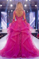 Laden Sie das Bild in den Galerie-Viewer, Glitzerndes Fuchsia Kaltschulter Korsett Meerjungfrauen Langes Pageant-Kleid mit Schärpe