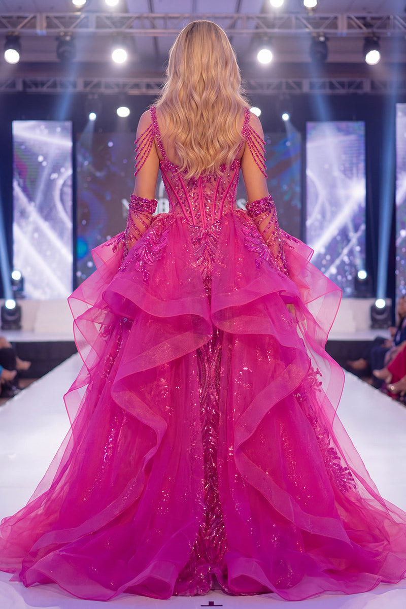Laden Sie das Bild in den Galerie-Viewer, Glitzerndes Fuchsia Kaltschulter Korsett Meerjungfrauen Langes Pageant-Kleid mit Schärpe