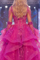 Laden Sie das Bild in den Galerie-Viewer, Glitzerndes Fuchsia Kaltschulter Korsett Meerjungfrauen Langes Pageant-Kleid mit Schärpe