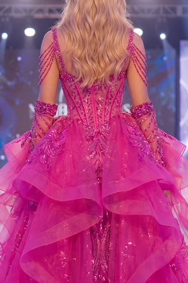Laden Sie das Bild in den Galerie-Viewer, Glitzerndes Fuchsia Kaltschulter Korsett Meerjungfrauen Langes Pageant-Kleid mit Schärpe