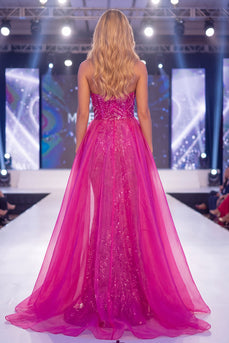 Glitzerndes Fuchsiafarbenes trägerloses Meerjungfrauen-Pailletten-Langes Kleid mit Schärpe