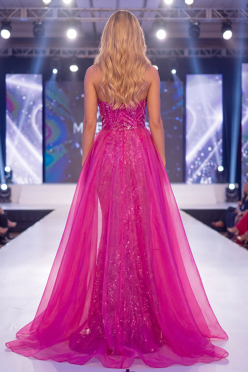 Laden Sie das Bild in den Galerie-Viewer, Glitzerndes Fuchsiafarbenes trägerloses Meerjungfrauen-Pailletten-Langes Kleid mit Schärpe