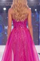 Laden Sie das Bild in den Galerie-Viewer, Glitzerndes Fuchsiafarbenes trägerloses Meerjungfrauen-Pailletten-Langes Kleid mit Schärpe