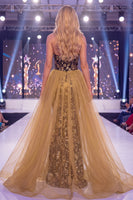 Laden Sie das Bild in den Galerie-Viewer, Glitzerndes schwarzes goldenes Meerjungfrauen Sweetheart Pailletten Langes Pageant-Kleid mit Schärpe