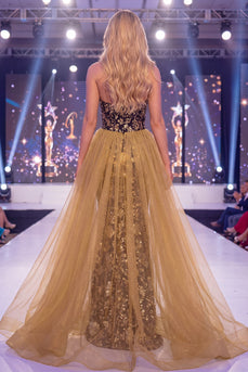 Glitzerndes schwarzes goldenes Meerjungfrauen Sweetheart Pailletten Langes Pageant-Kleid mit Schärpe