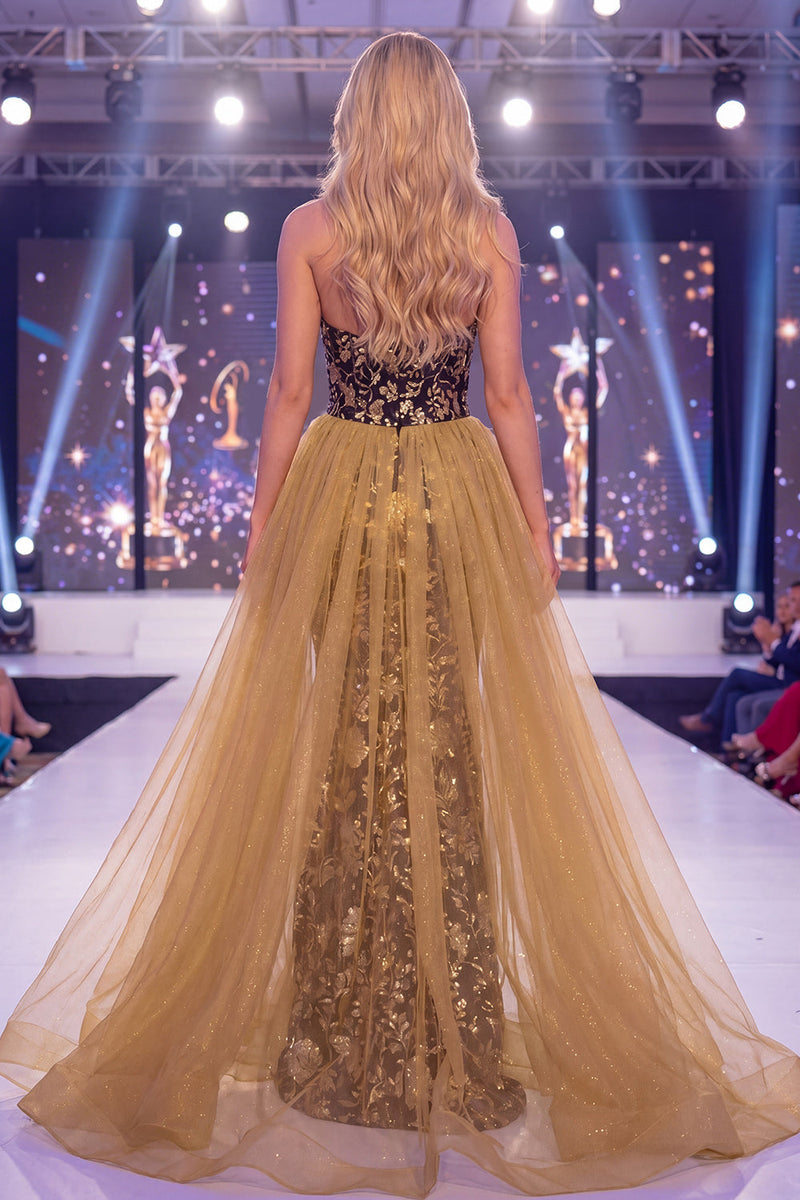 Laden Sie das Bild in den Galerie-Viewer, Glitzerndes schwarzes goldenes Meerjungfrauen Sweetheart Pailletten Langes Pageant-Kleid mit Schärpe
