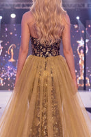 Laden Sie das Bild in den Galerie-Viewer, Glitzerndes schwarzes goldenes Meerjungfrauen Sweetheart Pailletten Langes Pageant-Kleid mit Schärpe