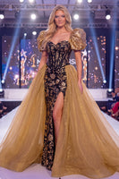 Laden Sie das Bild in den Galerie-Viewer, Glitzerndes schwarzes, goldenes Meerjungfrauen-Pailletten-Langes-Pageant-Kleid