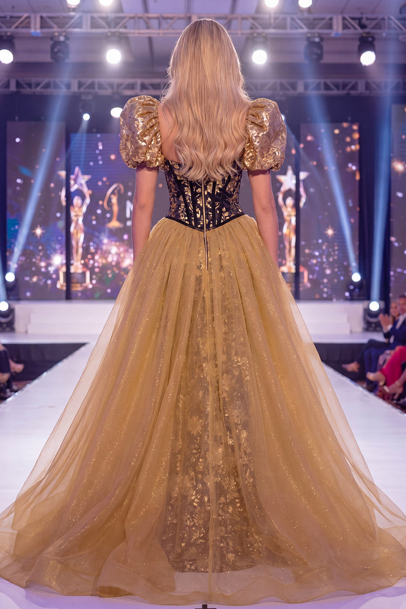 Laden Sie das Bild in den Galerie-Viewer, Glitzerndes schwarzes, goldenes Meerjungfrauen-Pailletten-Langes-Pageant-Kleid