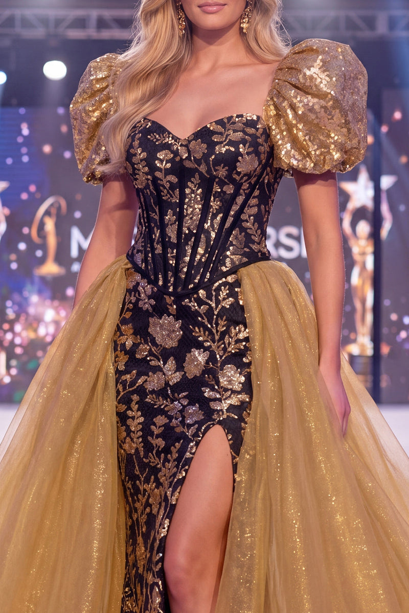 Laden Sie das Bild in den Galerie-Viewer, Glitzerndes schwarzes, goldenes Meerjungfrauen-Pailletten-Langes-Pageant-Kleid