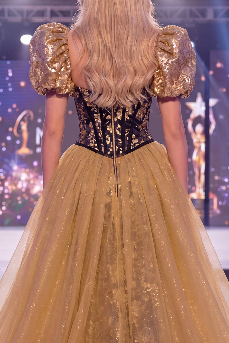 Laden Sie das Bild in den Galerie-Viewer, Glitzerndes schwarzes, goldenes Meerjungfrauen-Pailletten-Langes-Pageant-Kleid