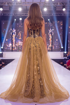 Glitzerndes Schwarz Goldene Meerjungfrauen-Pailletten Sweetheart-Korsett Langes Pageant-Kleid mit Schärpe