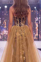 Laden Sie das Bild in den Galerie-Viewer, Glitzerndes Schwarz Goldene Meerjungfrauen-Pailletten Sweetheart-Korsett Langes Pageant-Kleid mit Schärpe