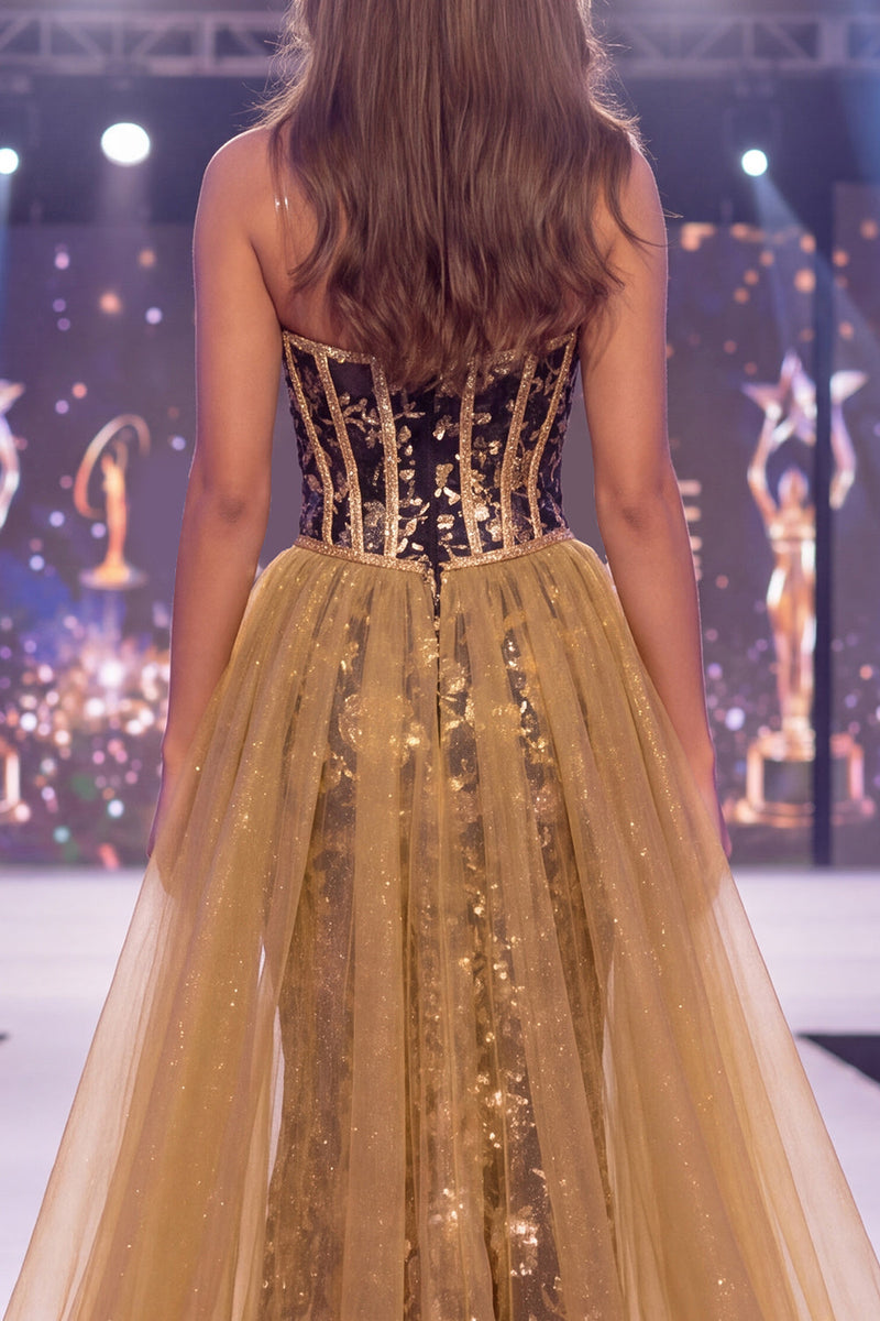 Laden Sie das Bild in den Galerie-Viewer, Glitzerndes Schwarz Goldene Meerjungfrauen-Pailletten Sweetheart-Korsett Langes Pageant-Kleid mit Schärpe