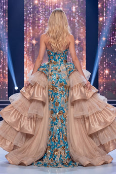 Glitzerndes blaues Meerjungfrauen Pailletten Trägerloses langes Pageant-Kleid mit Schärpe