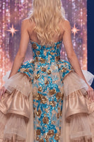 Laden Sie das Bild in den Galerie-Viewer, Glitzerndes blaues Meerjungfrauen Pailletten Trägerloses langes Pageant-Kleid mit Schärpe