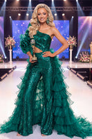 Laden Sie das Bild in den Galerie-Viewer, Glitzerndes dunkelgrünes Paillettenkleid mit Pailletten und Schärpe