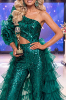 Laden Sie das Bild in den Galerie-Viewer, Glitzerndes dunkelgrünes Paillettenkleid mit Pailletten und Schärpe