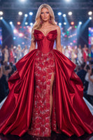 Laden Sie das Bild in den Galerie-Viewer, Sweetheart Burgund Meerjungfrauen Korsett Perlen Langes Pageant-Kleid mit Schärpe