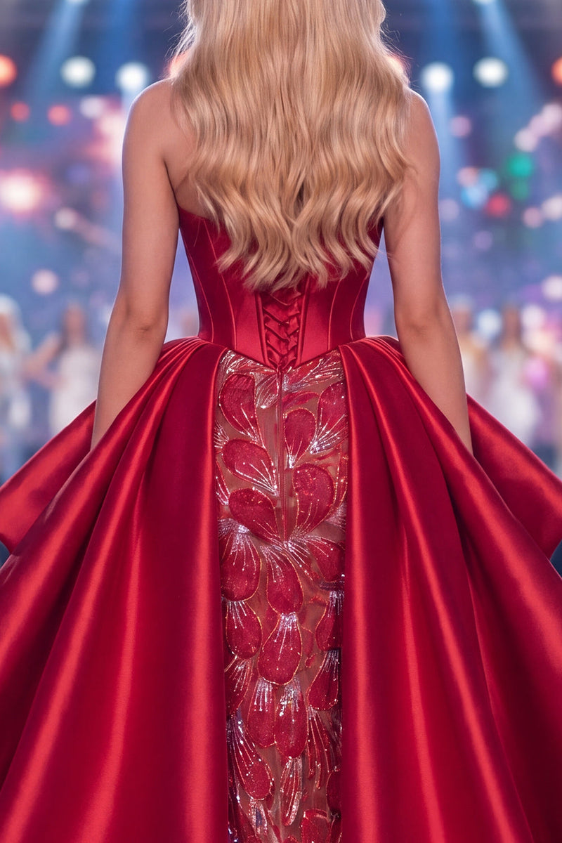 Laden Sie das Bild in den Galerie-Viewer, Sweetheart Burgund Meerjungfrauen Korsett Perlen Langes Pageant-Kleid mit Schärpe