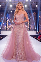 Laden Sie das Bild in den Galerie-Viewer, Mermaid Blush Sweetheart Korsett Perlenbesetztes Langes Pageant-Kleid mit Schärpe