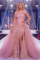 Laden Sie das Bild in den Galerie-Viewer, Ein Schulter Meerjungfrauen Blush Transparentes Korsett Geblümtes Langes Pageant-Kleid mit Schärpe