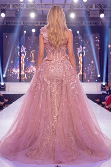 Ein Schulter Meerjungfrauen Blush Transparentes Korsett Geblümtes Langes Pageant-Kleid mit Schärpe