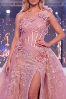Laden Sie das Bild in den Galerie-Viewer, Ein Schulter Meerjungfrauen Blush Transparentes Korsett Geblümtes Langes Pageant-Kleid mit Schärpe