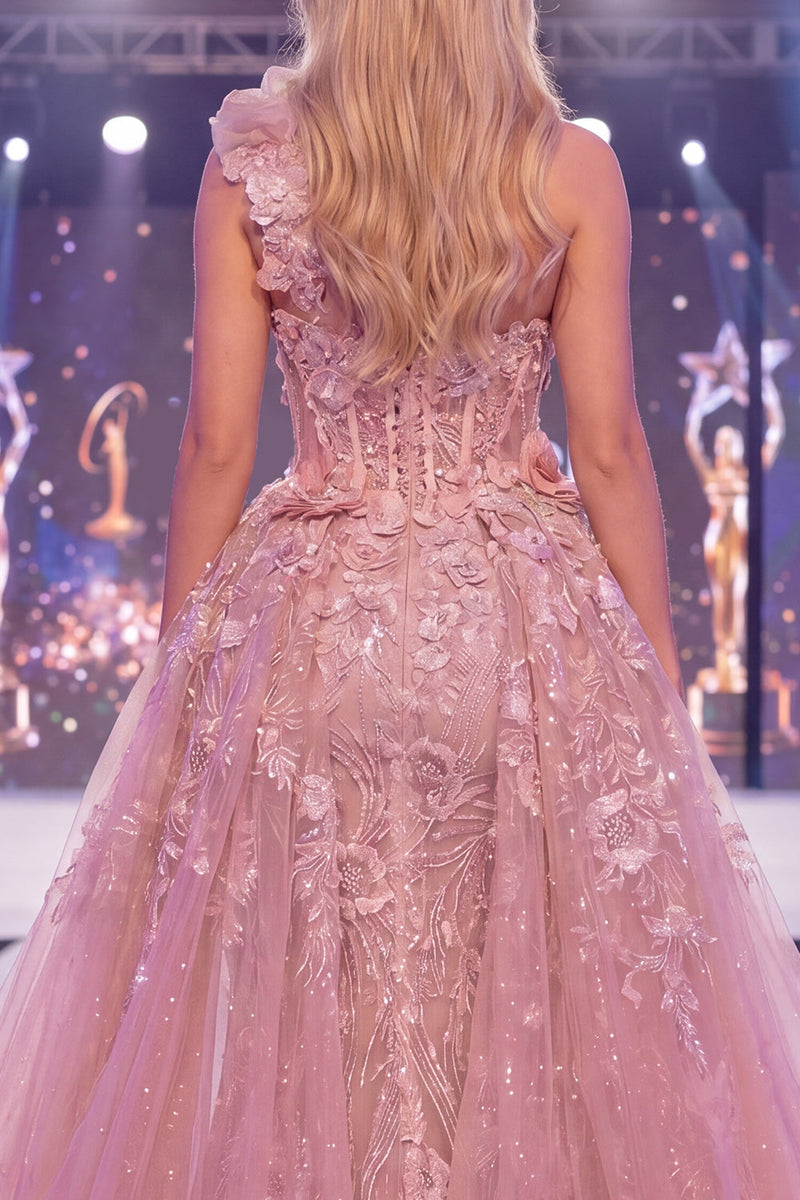 Laden Sie das Bild in den Galerie-Viewer, Ein Schulter Meerjungfrauen Blush Transparentes Korsett Geblümtes Langes Pageant-Kleid mit Schärpe