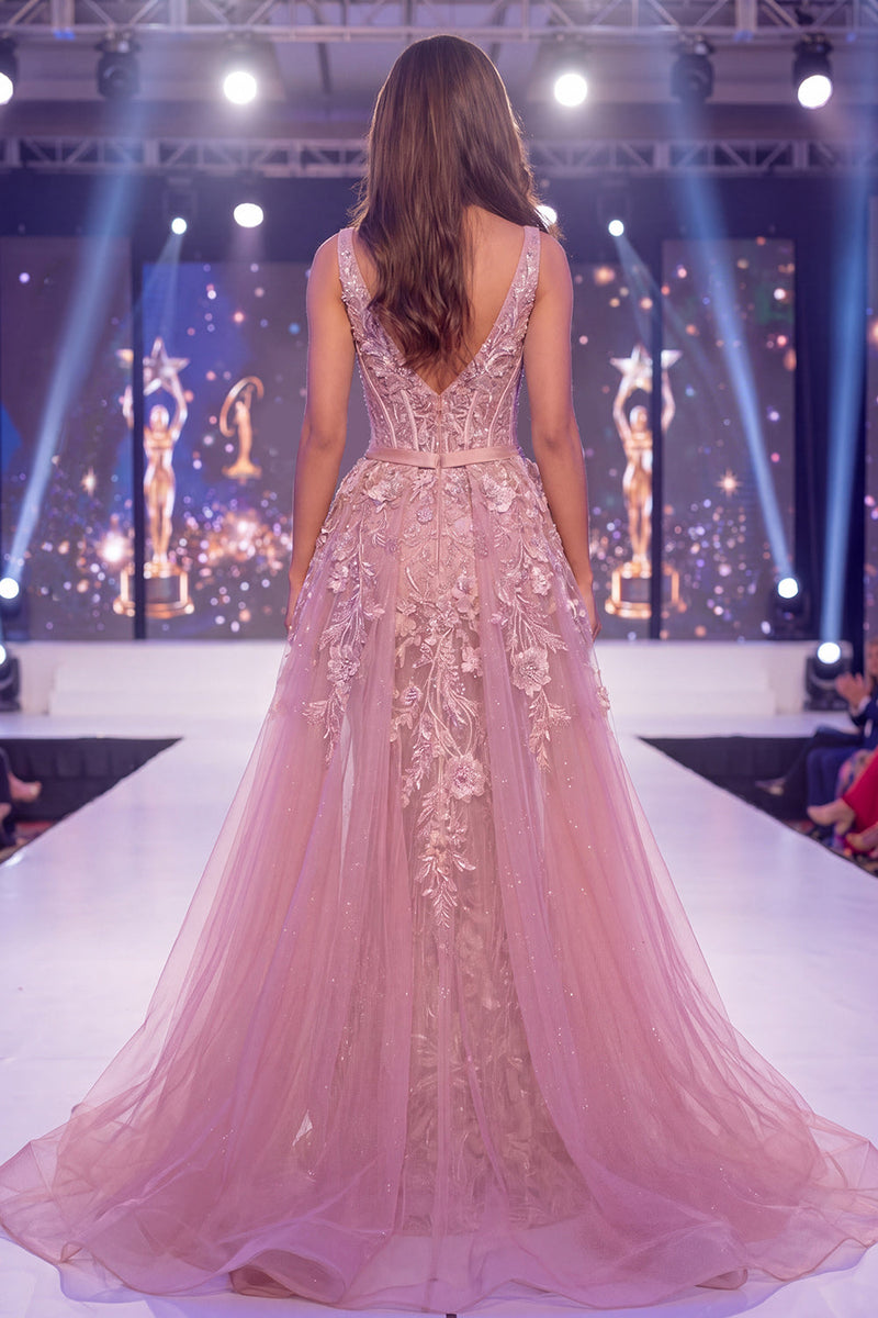 Laden Sie das Bild in den Galerie-Viewer, Mermaid Blush V-Ausschnitt transparentes Blumen Langepageant-Kleid mit Schärpe
