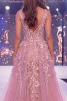 Laden Sie das Bild in den Galerie-Viewer, Mermaid Blush V-Ausschnitt transparentes Blumen Langepageant-Kleid mit Schärpe