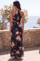 Laden Sie das Bild in den Galerie-Viewer, Schwarzes Meerjungfrauen-Chiffon-Neckholder-Maxi-Floralkleid mit Schlitz