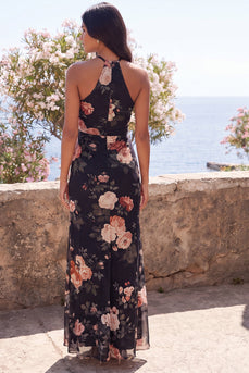 Schwarzes Meerjungfrauen-Chiffon-Neckholder-Maxi-Floralkleid mit Schlitz