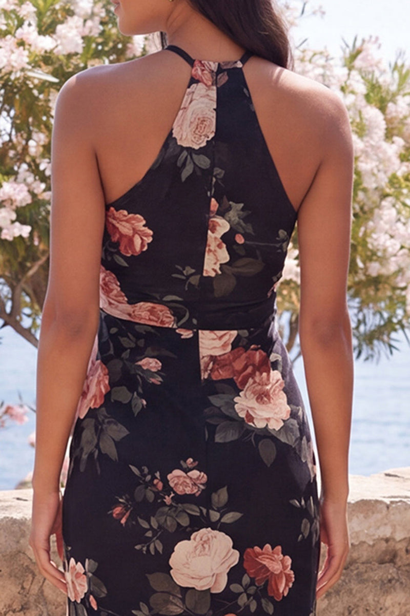 Laden Sie das Bild in den Galerie-Viewer, Schwarzes Meerjungfrauen-Chiffon-Neckholder-Maxi-Floralkleid mit Schlitz