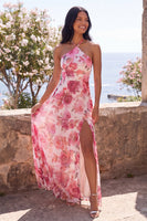 Laden Sie das Bild in den Galerie-Viewer, Rosa A-Linie Chiffon Halterhals Blumen-Maxi-Kleid mit Schlitz