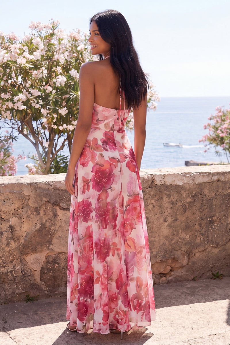 Laden Sie das Bild in den Galerie-Viewer, Rosa A-Linie Chiffon Halterhals Blumen-Maxi-Kleid mit Schlitz